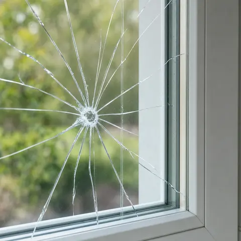 Vitre fissurée en étoile dans une fenêtre