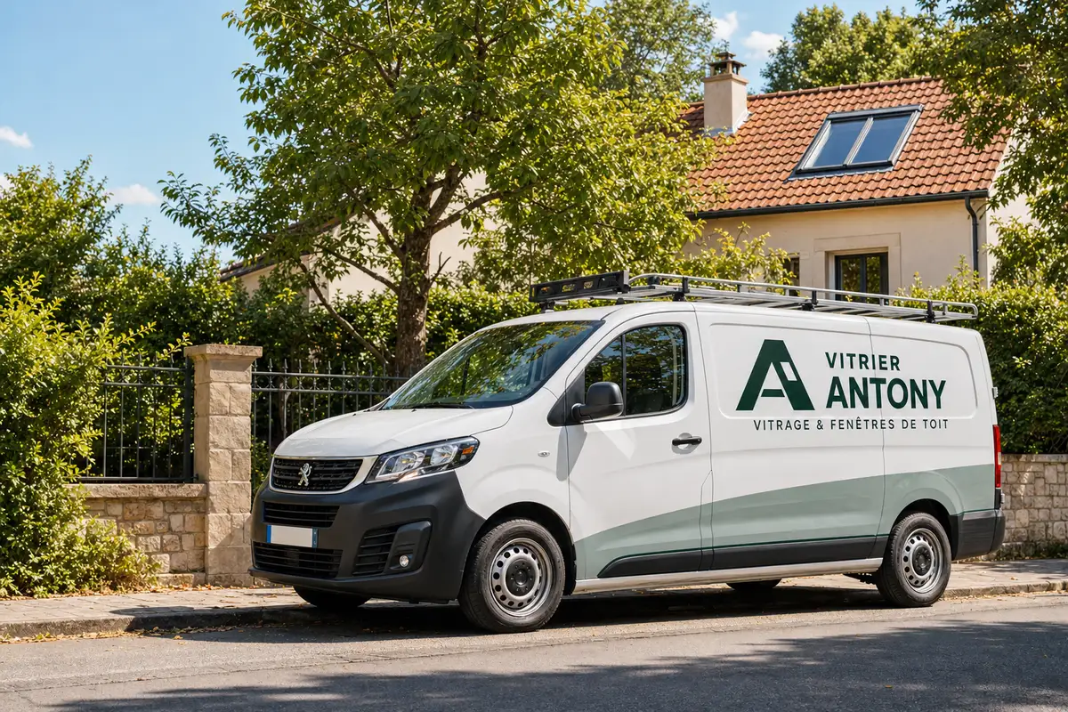 Camionnette Vitrier Antony garée devant un pavillon avec fenêtre de toit